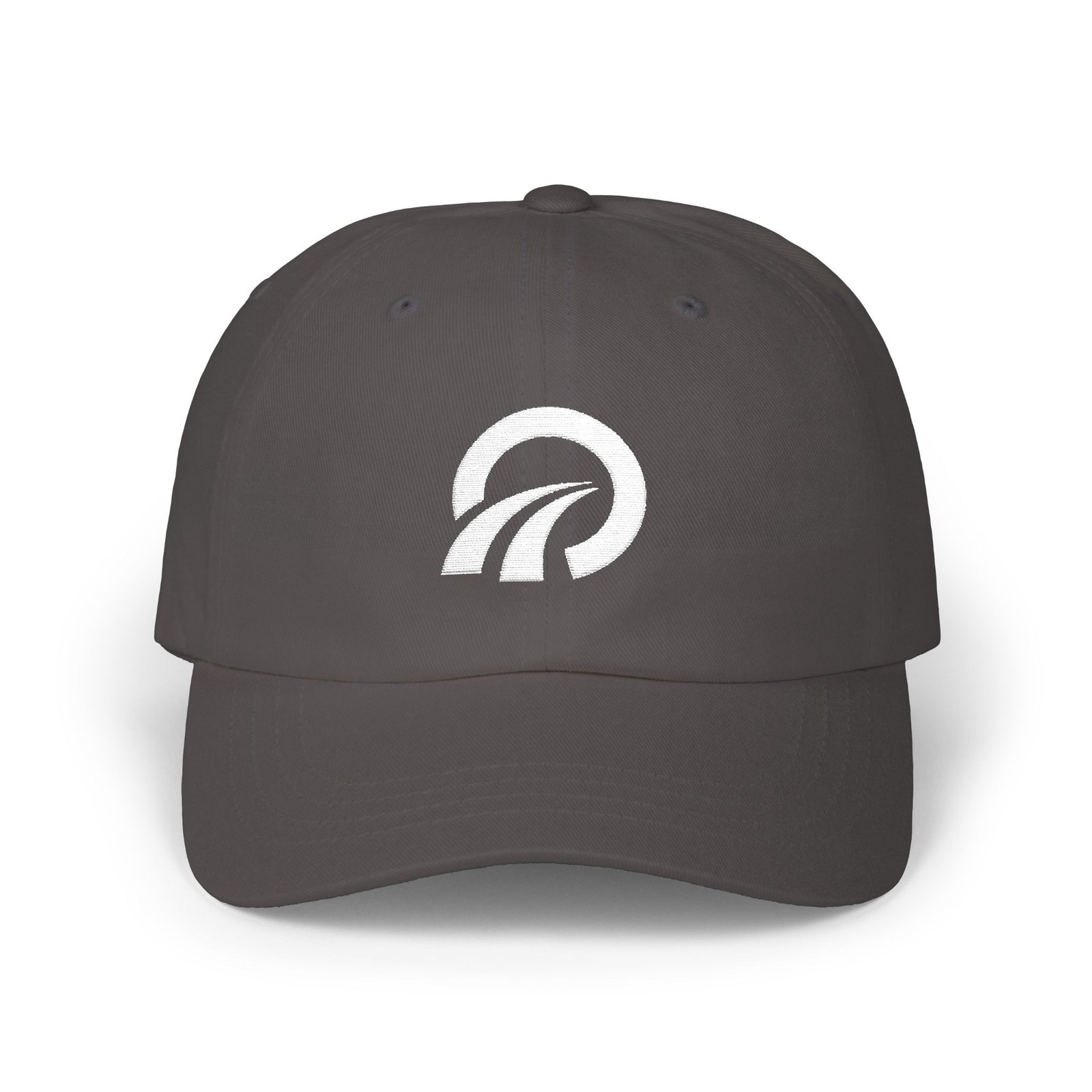 Digital supplier mockup of a Dark Grey Yupoong cap with a white Open Route emblem embroidered on the front