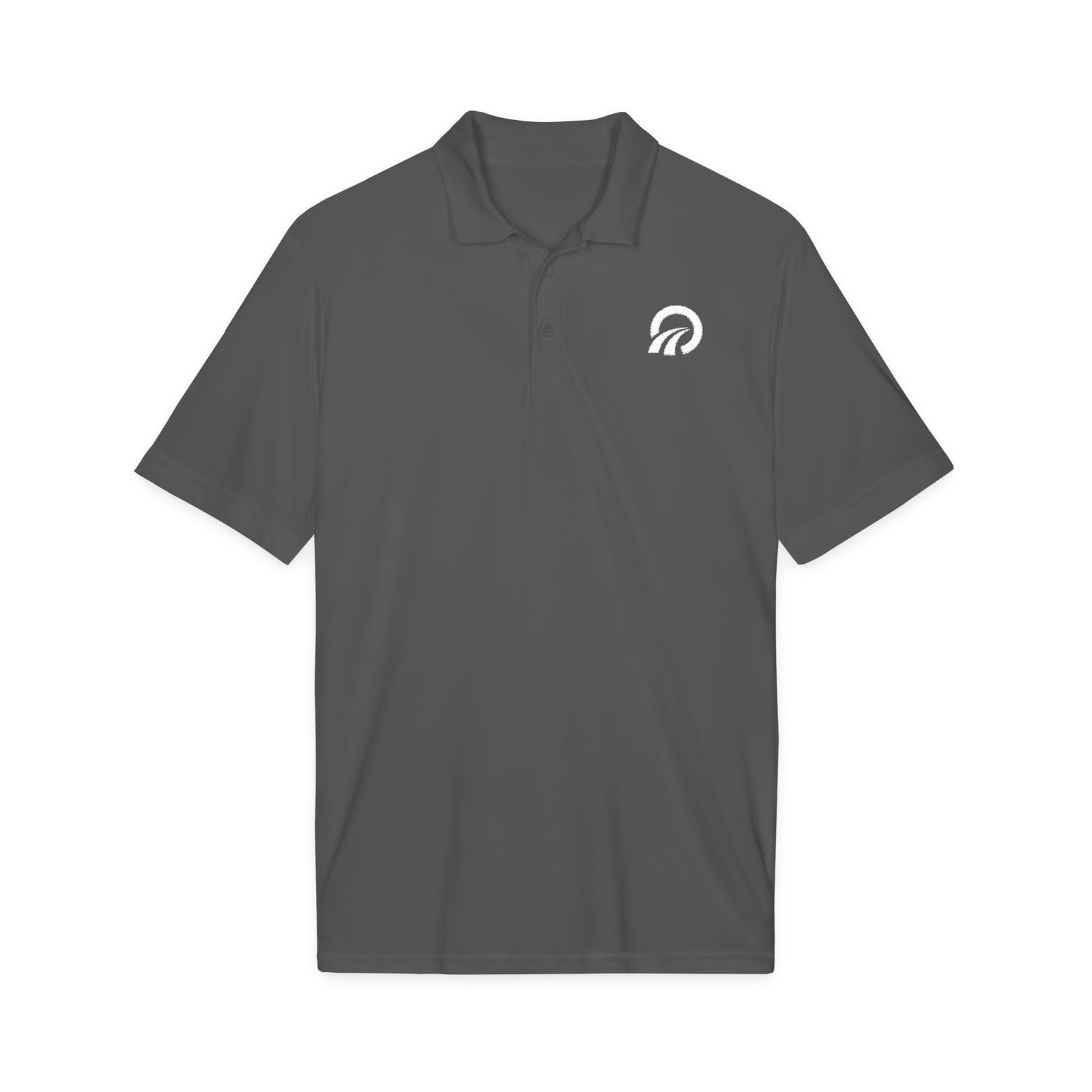 Digital supplier mockup of Iron Grey Sport-Tek polo with small white Open Route emblem embroidered on the left chest